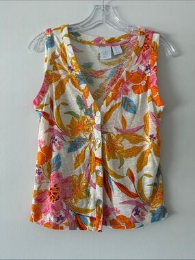 C&C California Floral Linen Blend Button Front Tank Top Size Small Boho